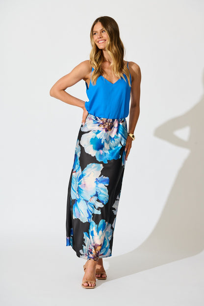 Nightshade Bouquet Maxi Skirt in Black with Blue Floral Satin