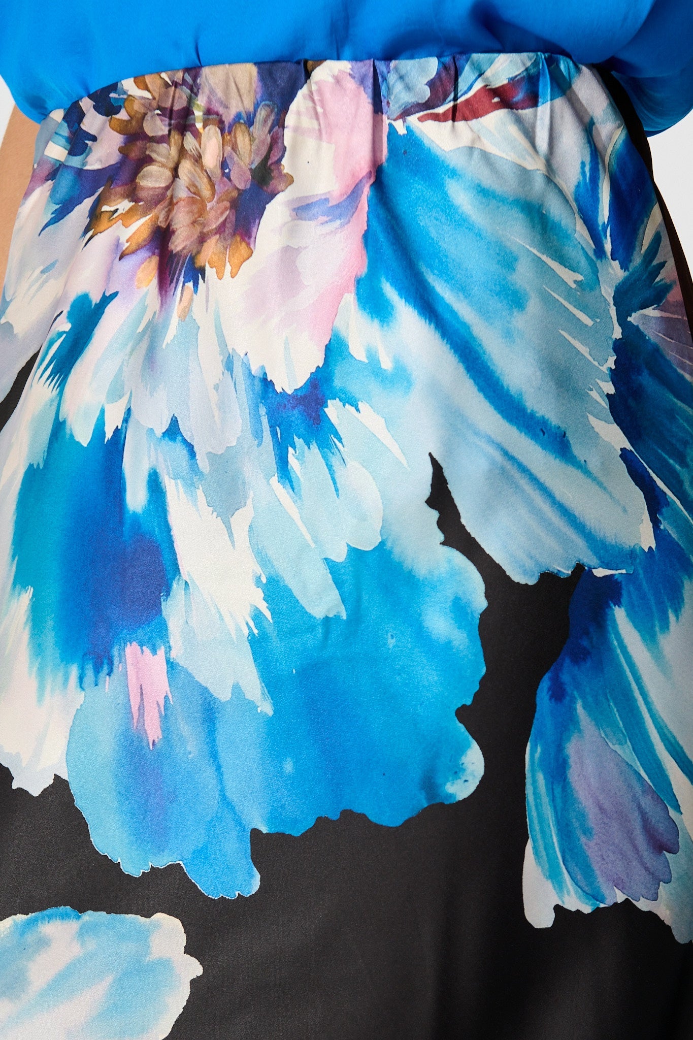 Nightshade Bouquet Maxi Skirt in Black with Blue Floral Satin