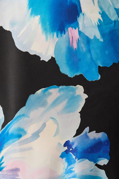 Nightshade Bouquet Maxi Skirt in Black with Blue Floral Satin