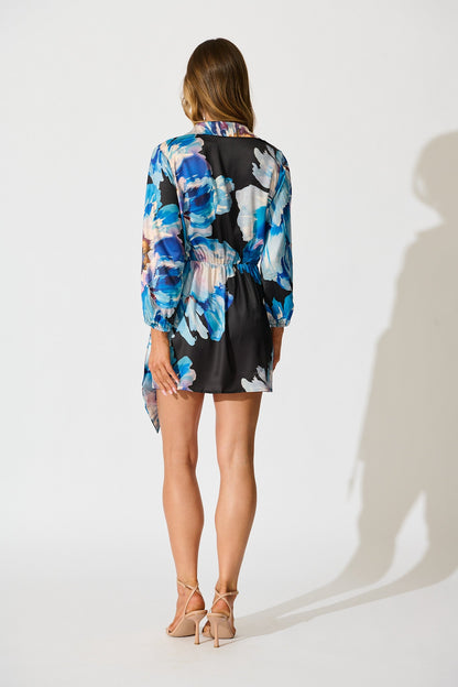 Shadowed Petal Dress in Black with Blue Floral Satin