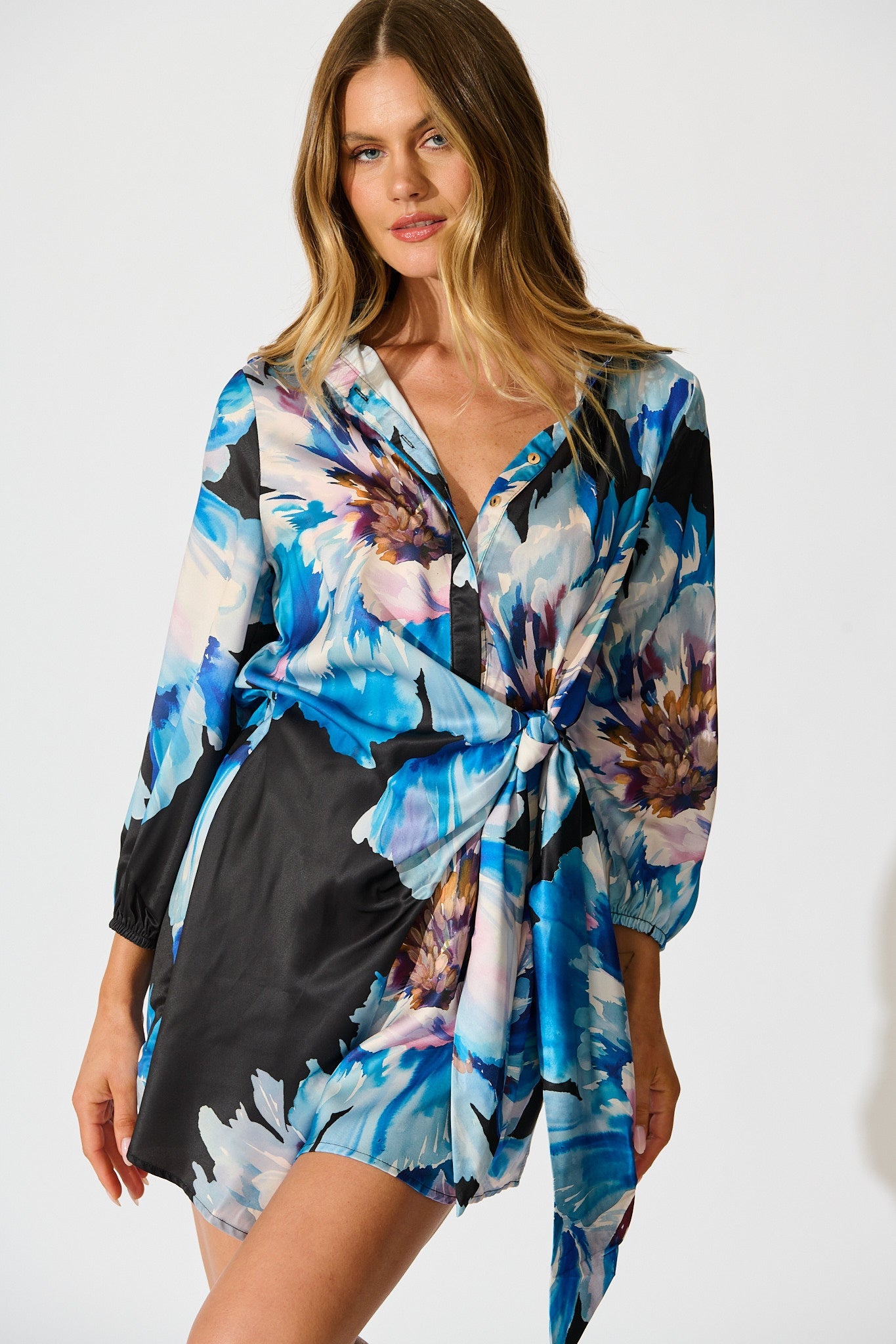 Shadowed Petal Dress in Black with Blue Floral Satin