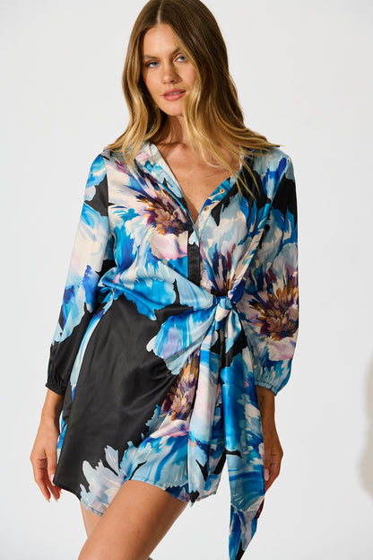 Shadowed Petal Dress in Black with Blue Floral Satin