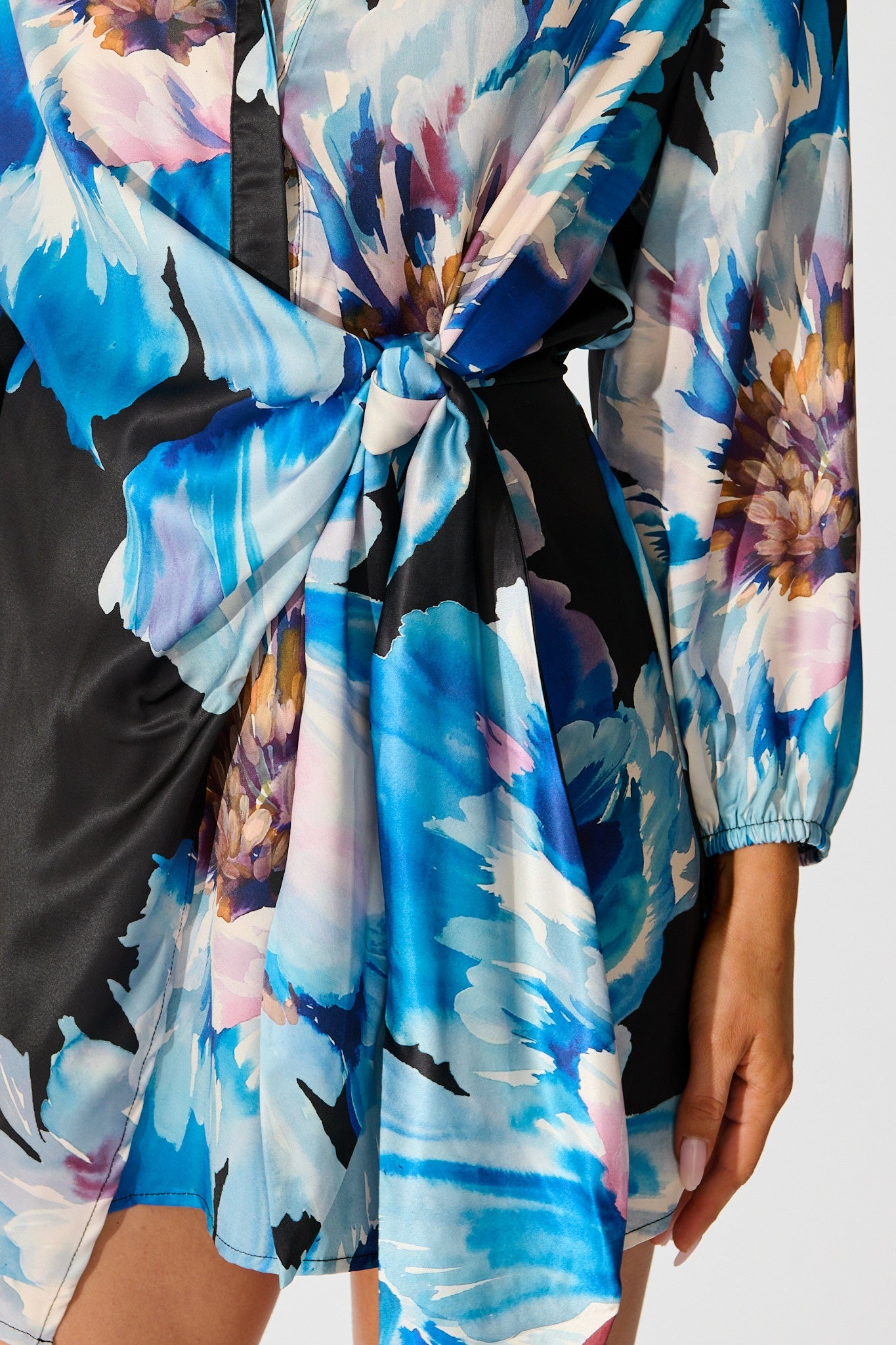 Shadowed Petal Dress in Black with Blue Floral Satin