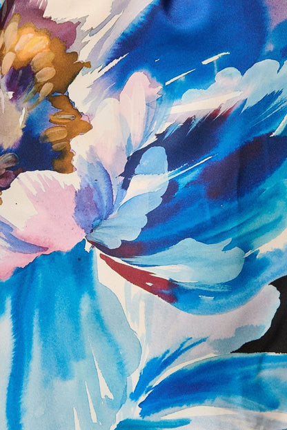 Shadowed Petal Dress in Black with Blue Floral Satin