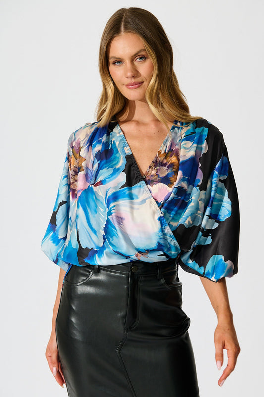 Solita Top in Black with Blue Floral Satin