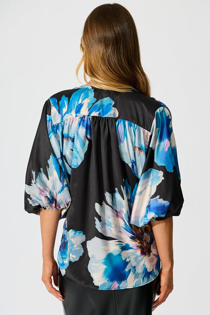 Solita Top in Black with Blue Floral Satin