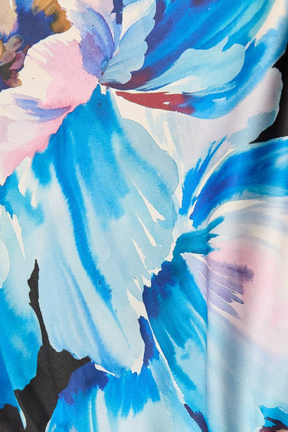 Solita Top in Black with Blue Floral Satin