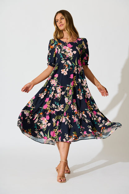 Nevi Tiered Midi Dress In Navy Multi Floral