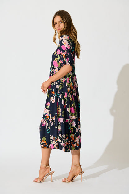 Nevi Tiered Midi Dress In Navy Multi Floral