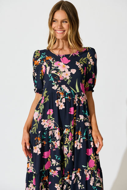 Nevi Tiered Midi Dress In Navy Multi Floral