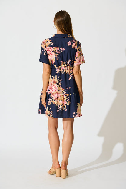 Delia Shirt Dress in Navy with Blush Floral