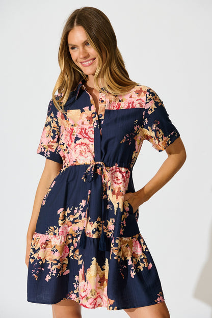 Delia Shirt Dress in Navy with Blush Floral