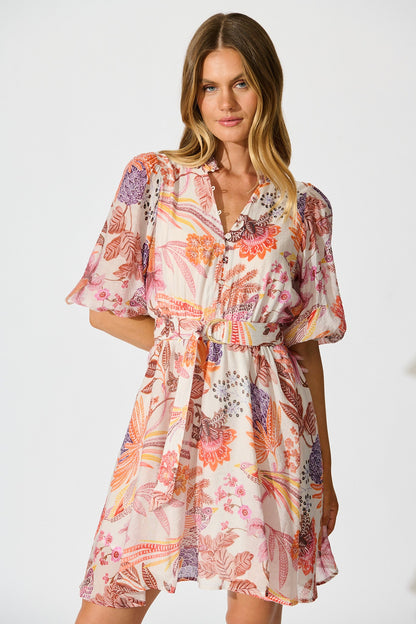 Marilina Short Dress in Multi Tan Leaf Print