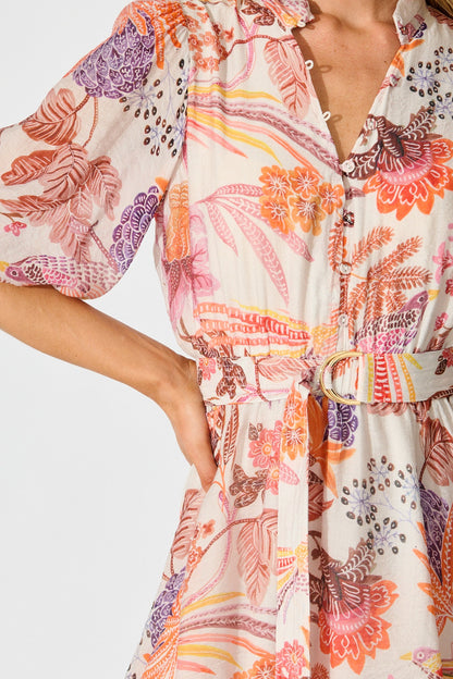 Marilina Short Dress in Multi Tan Leaf Print