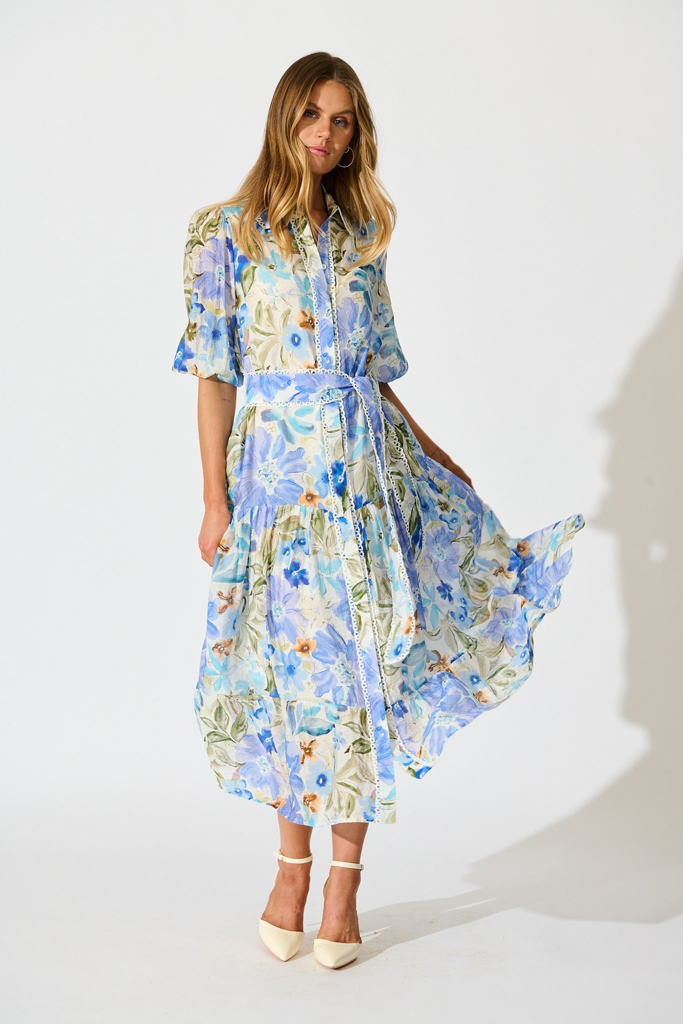 Wildflower Sky Midi Shirt Dress in Blue Floral