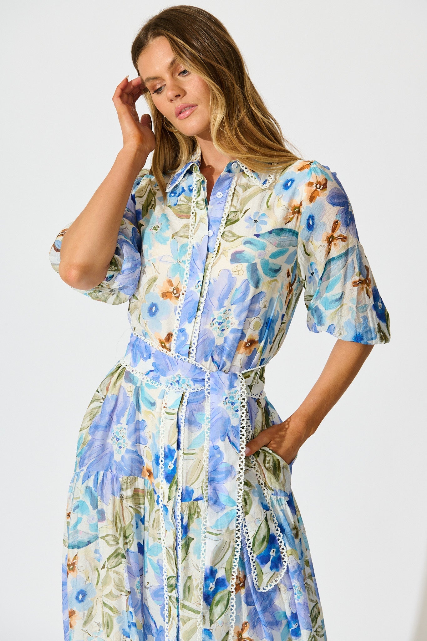 Wildflower Sky Midi Shirt Dress in Blue Floral