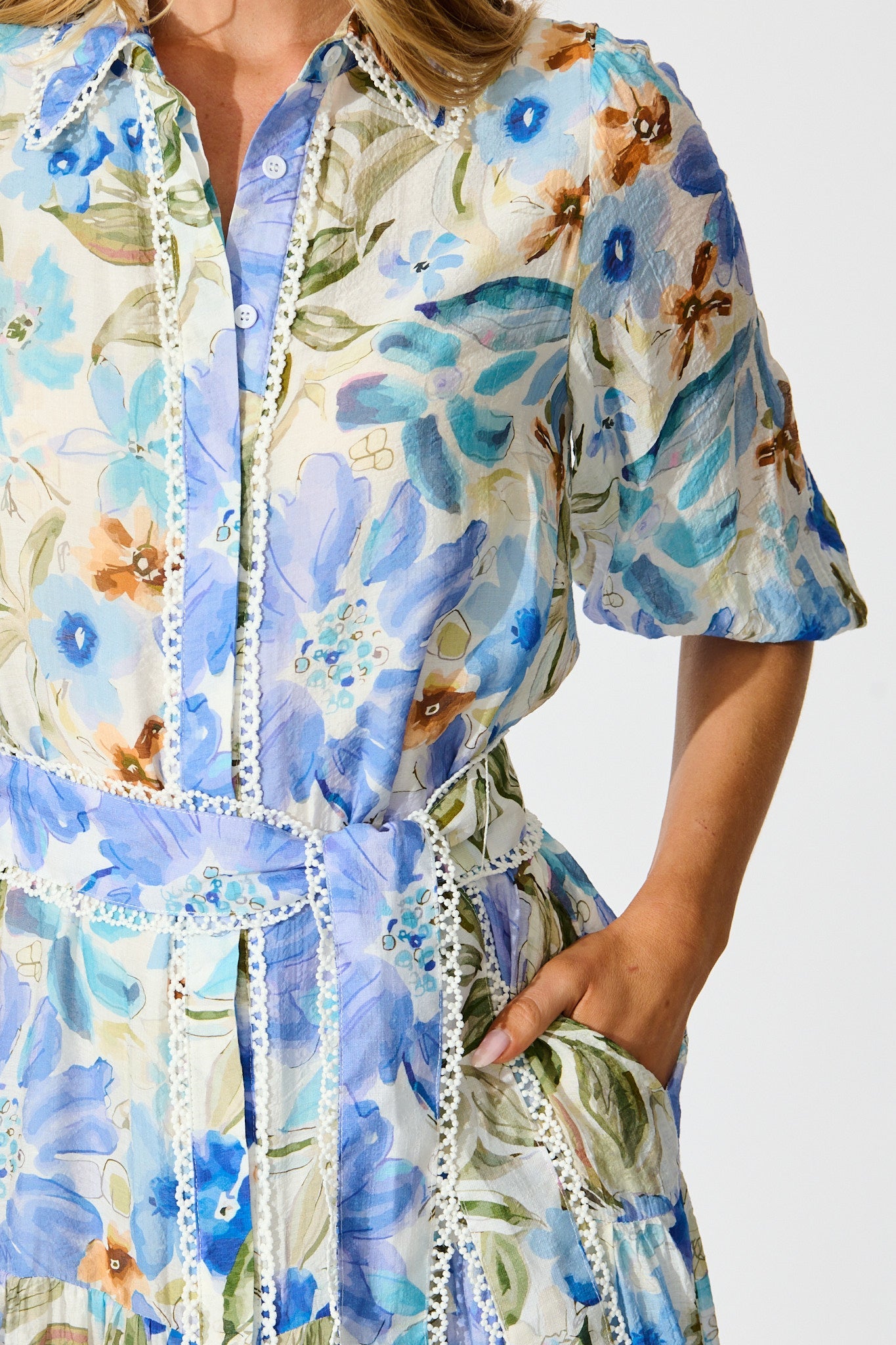 Wildflower Sky Midi Shirt Dress in Blue Floral