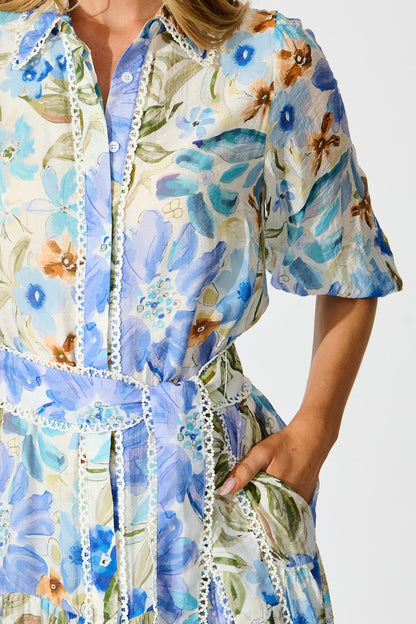Wildflower Sky Midi Shirt Dress in Blue Floral