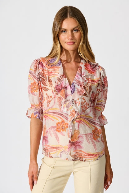 Mirella Top in Multi Tan Leaf Print