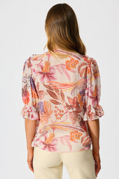 Mirella Top in Multi Tan Leaf Print