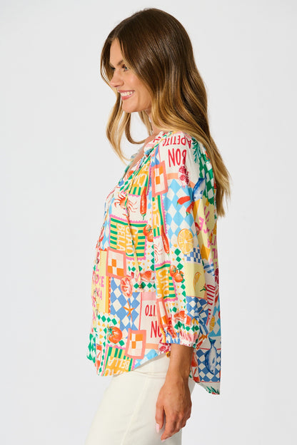 Annelie Top in White Multi Conversational Print