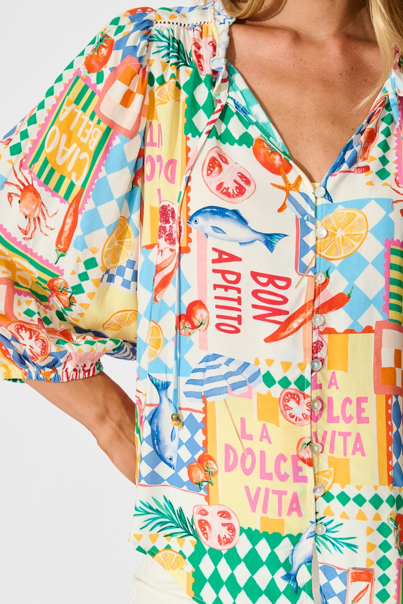 Annelie Top in White Multi Conversational Print