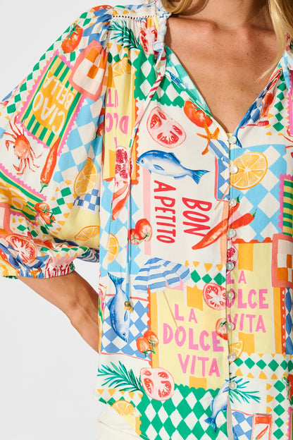 Annelie Top in White Multi Conversational Print