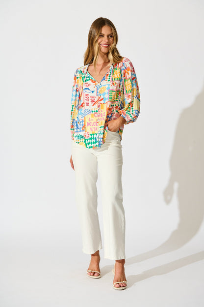 Annelie Top in White Multi Conversational Print