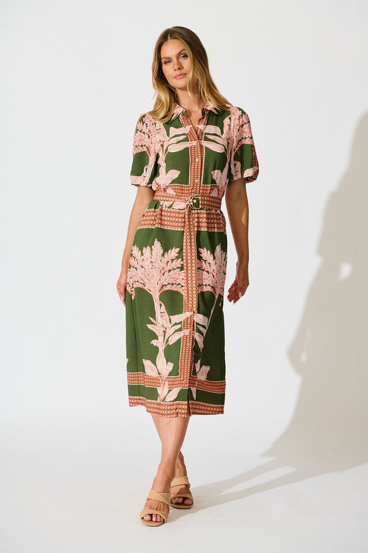 Bittersweet Midi Shirt Dress in Khaki Placement Print