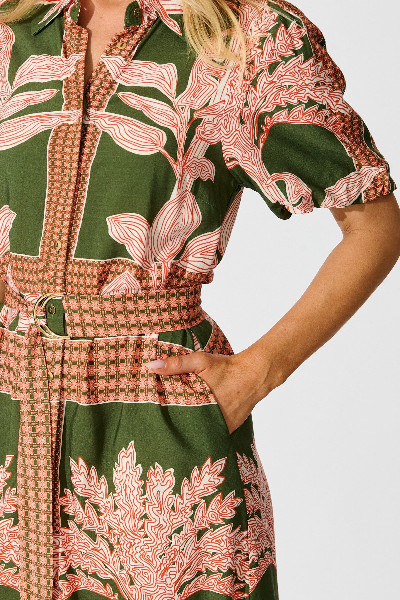 Bittersweet Midi Shirt Dress in Khaki Placement Print