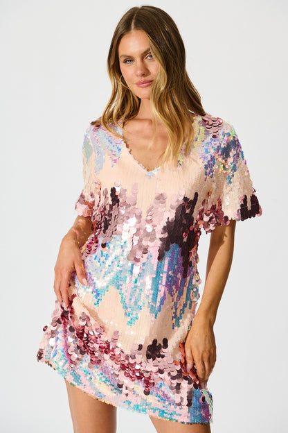 Glitter Siren Dress in Pink Multi Sequin