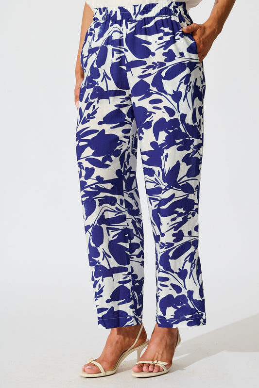 Gala Pant in White and Navy Print Linen Blend