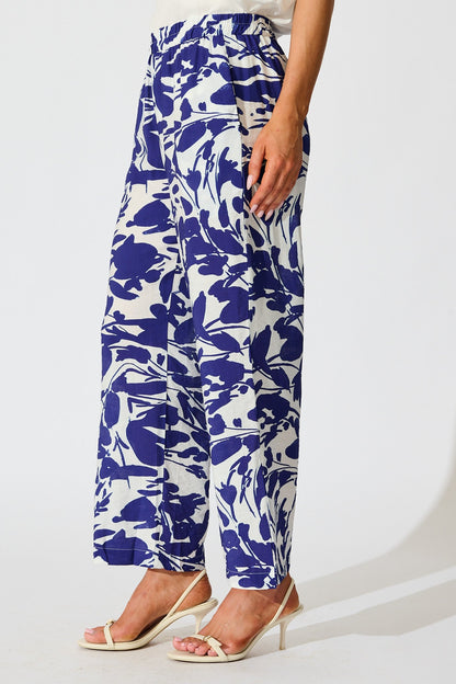 Gala Pant in White and Navy Print Linen Blend