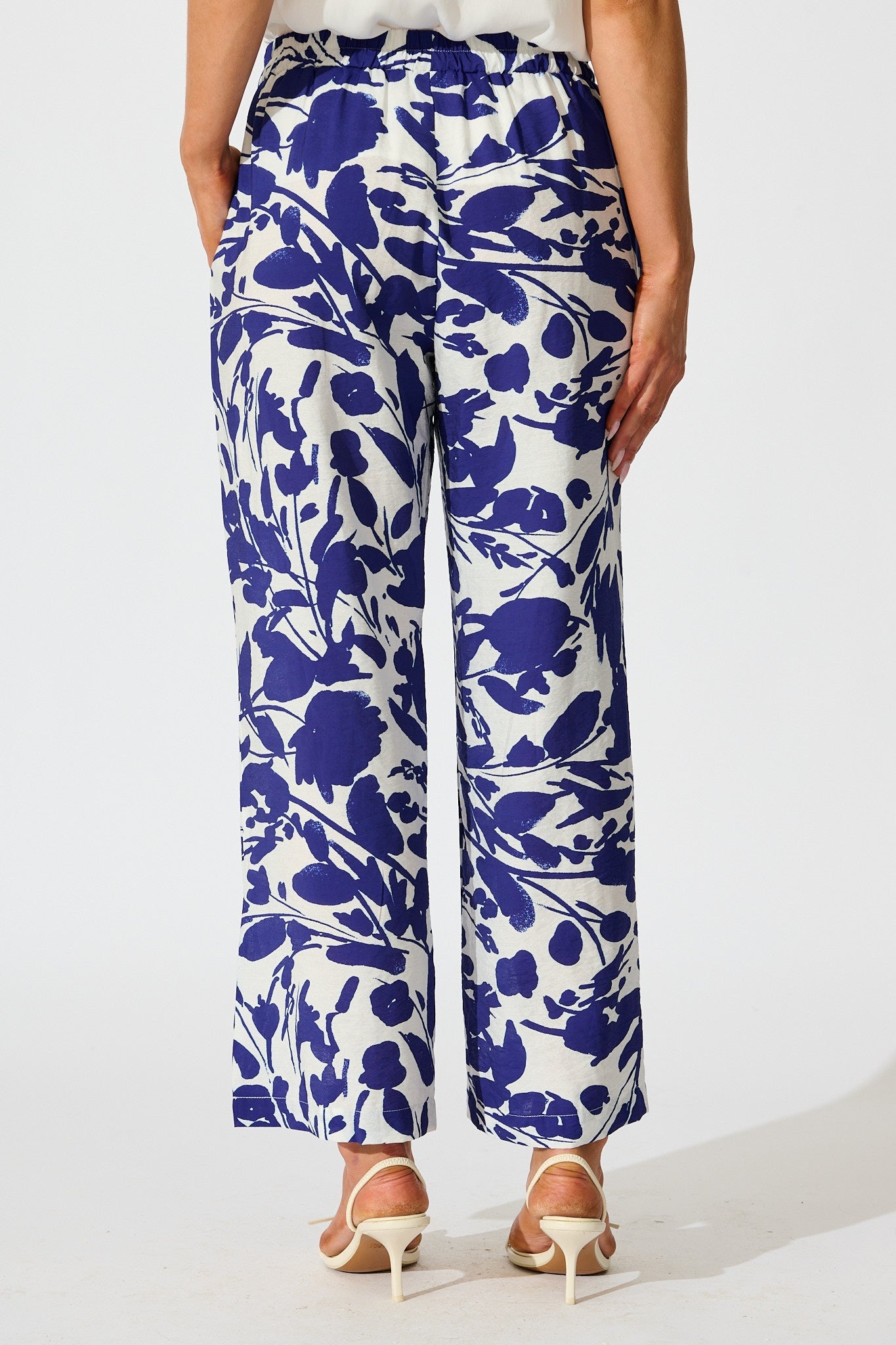 Gala Pant in White and Navy Print Linen Blend