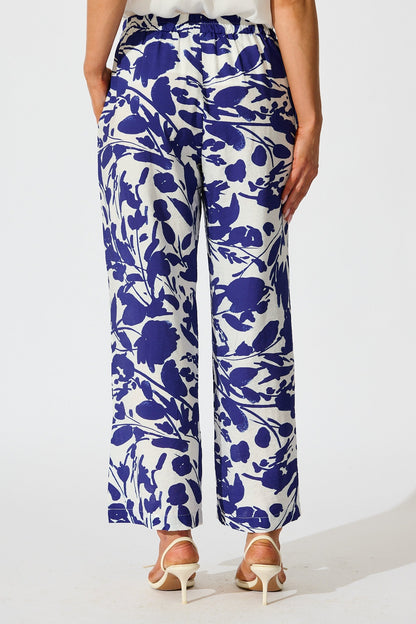 Gala Pant in White and Navy Print Linen Blend