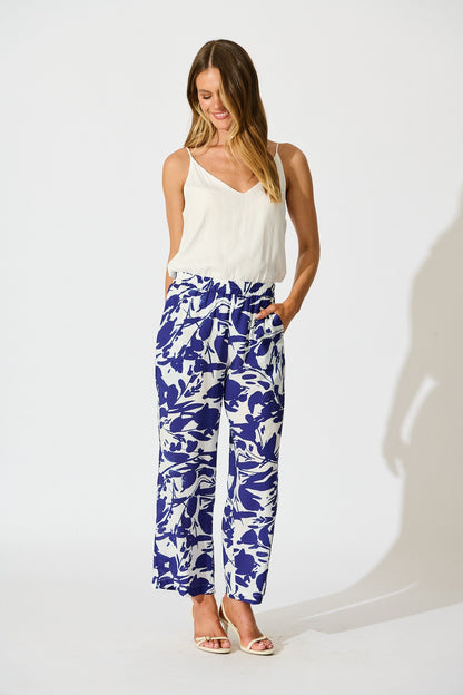 Gala Pant in White and Navy Print Linen Blend