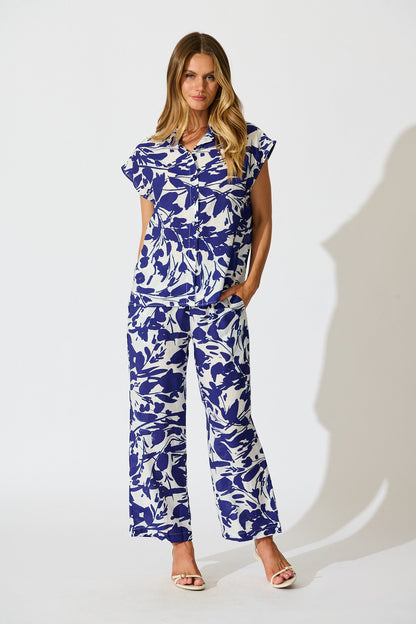 Gala Pant in White and Navy Print Linen Blend