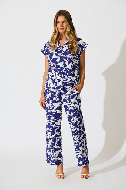 Sharmaine Shirt in White and Navy Print Linen Blend