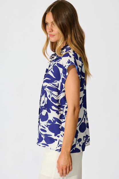 Sharmaine Shirt in White and Navy Print Linen Blend
