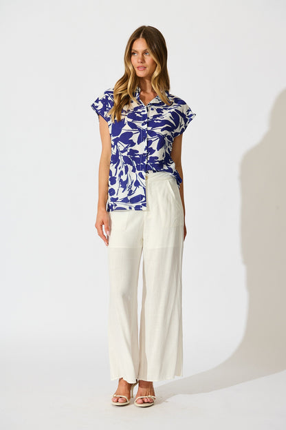 Sharmaine Shirt in White and Navy Print Linen Blend