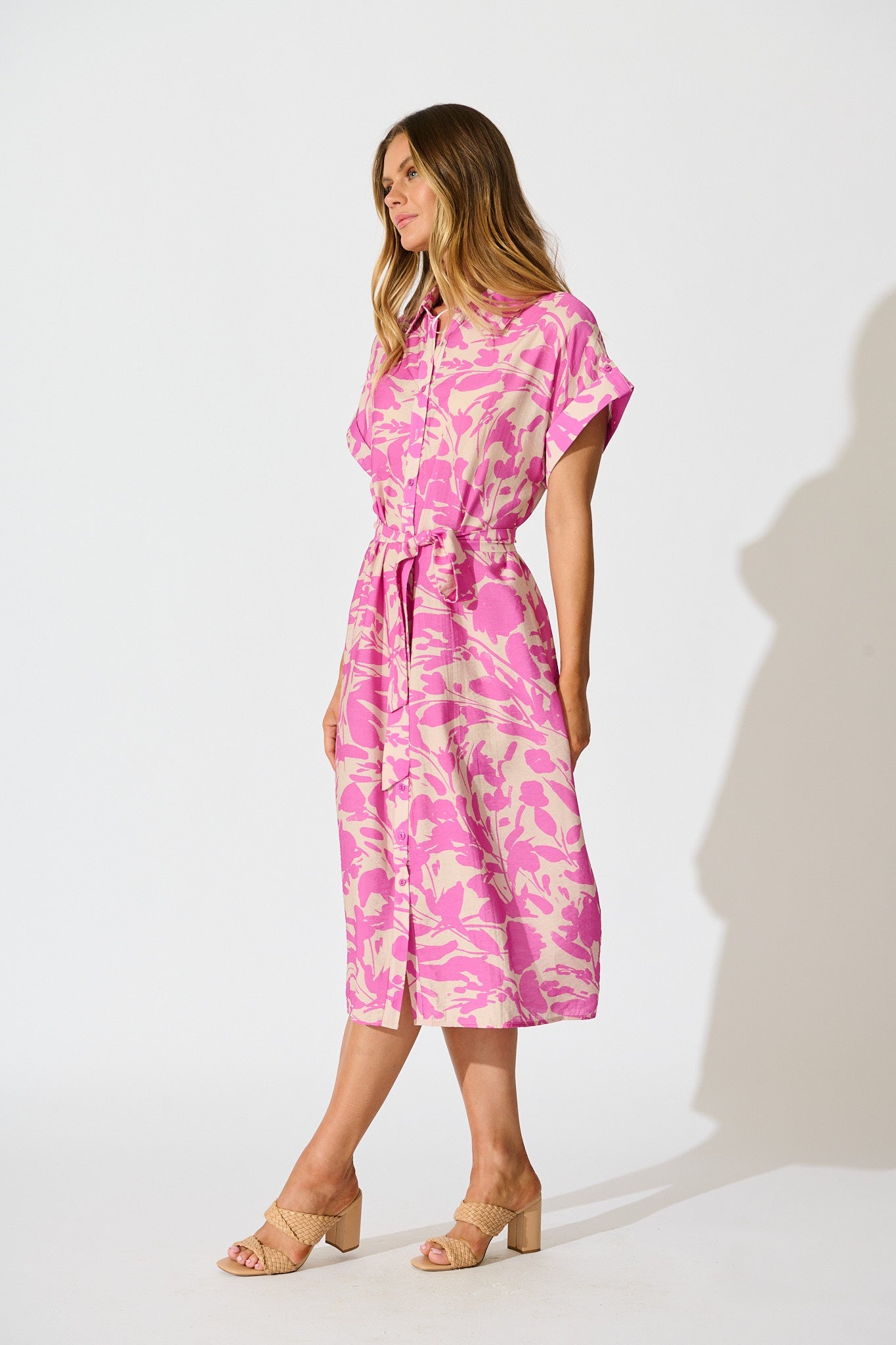 Hartlee Midi Shirt Dress in Cream and Pink Print Linen Blend