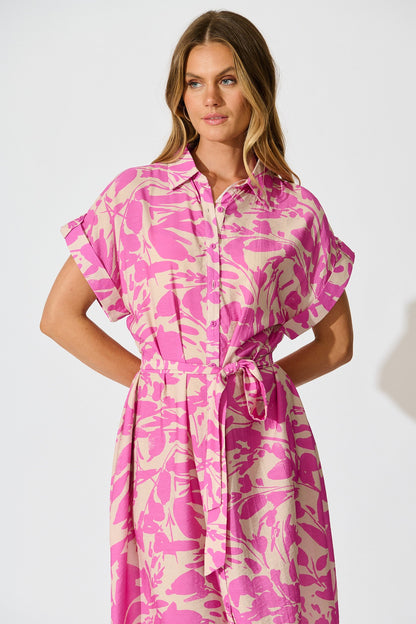 Hartlee Midi Shirt Dress in Cream and Pink Print Linen Blend
