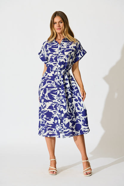 Hartlee Midi Shirt Dress in White and Navy Print Linen Blend