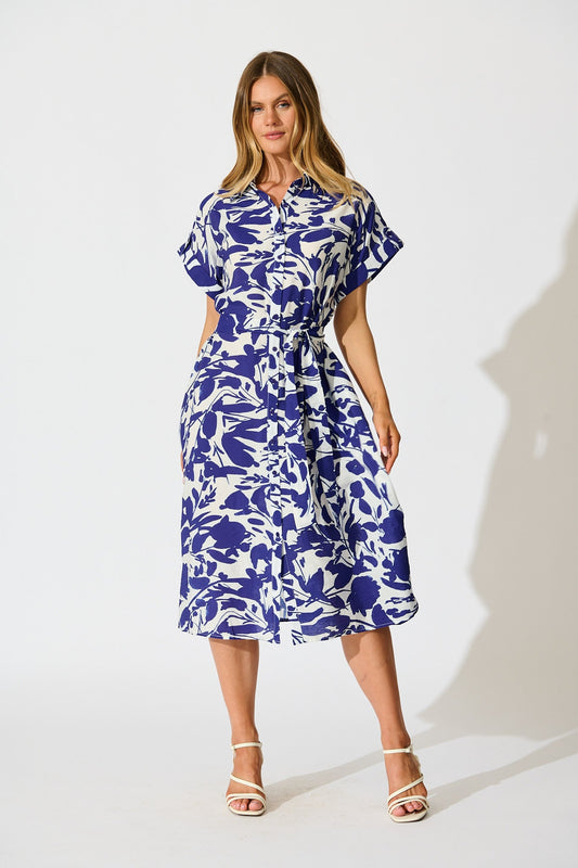 Hartlee Midi Shirt Dress in White and Navy Print Linen Blend