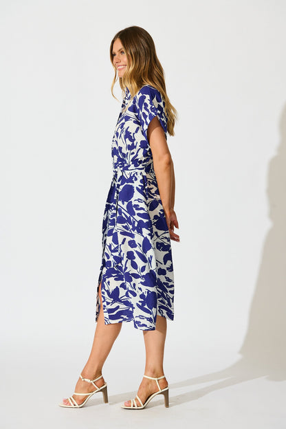 Hartlee Midi Shirt Dress in White and Navy Print Linen Blend
