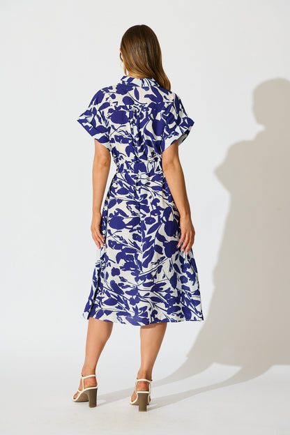 Hartlee Midi Shirt Dress in White and Navy Print Linen Blend