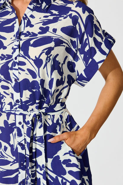 Hartlee Midi Shirt Dress in White and Navy Print Linen Blend