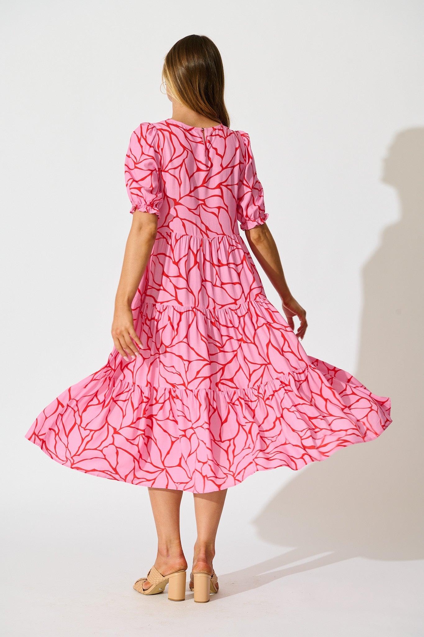 Nevi Tiered Midi Dress In Pink With Red Swirl Print