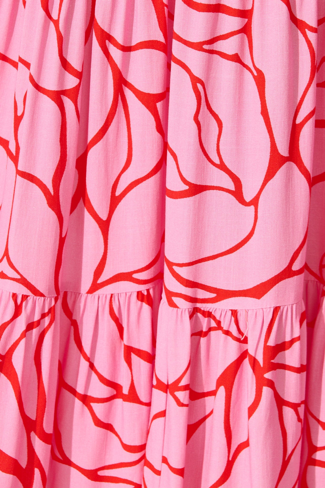 Nevi Tiered Midi Dress In Pink With Red Swirl Print
