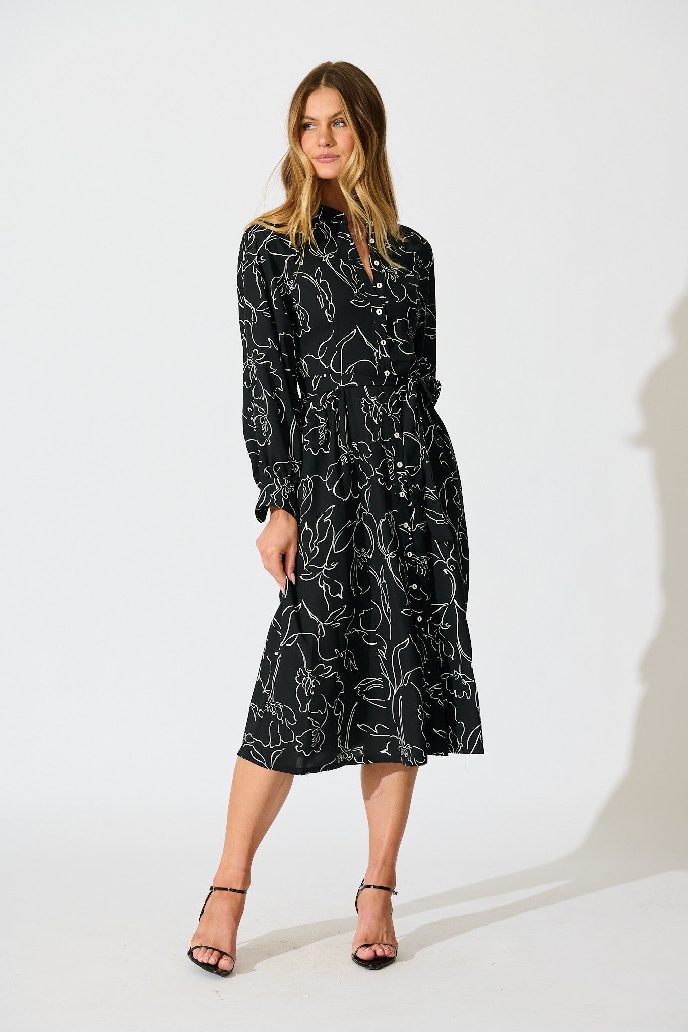 Sienna Midi Shirt Dress in Black and White Print